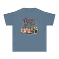Friends Who Book the Trip Youth Tee – Kids' Comfort Colors Travel Shirt in Blue Jean – flat lay