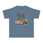 Friends Who Book the Trip Youth Tee – Kids' Comfort Colors Travel Shirt in Blue Jean – flat lay