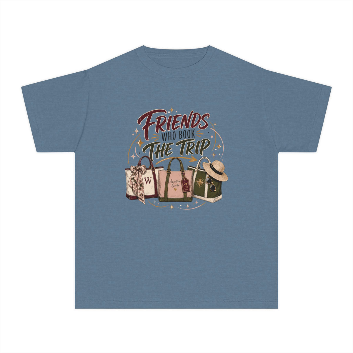 Friends Who Book the Trip Youth Tee – Kids' Comfort Colors Travel Shirt in Blue Jean – flat lay