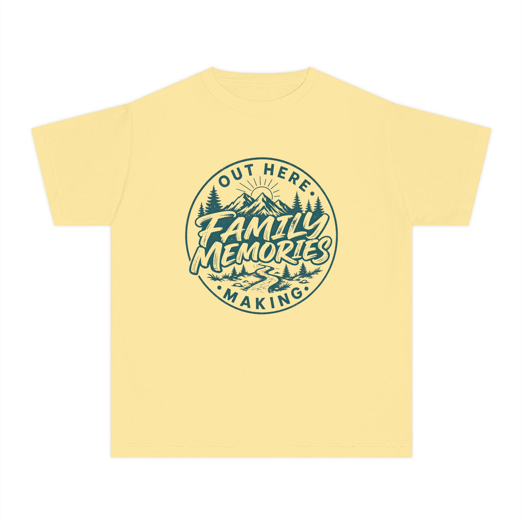 Out Here Making Family Memories Youth Tee – Kids' Comfort Colors Mountain Adventure Shirt in Butter – flat lay