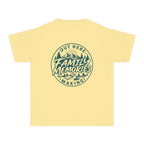 Out Here Making Family Memories Youth Tee – Kids' Comfort Colors Mountain Adventure Shirt in Butter – flat lay