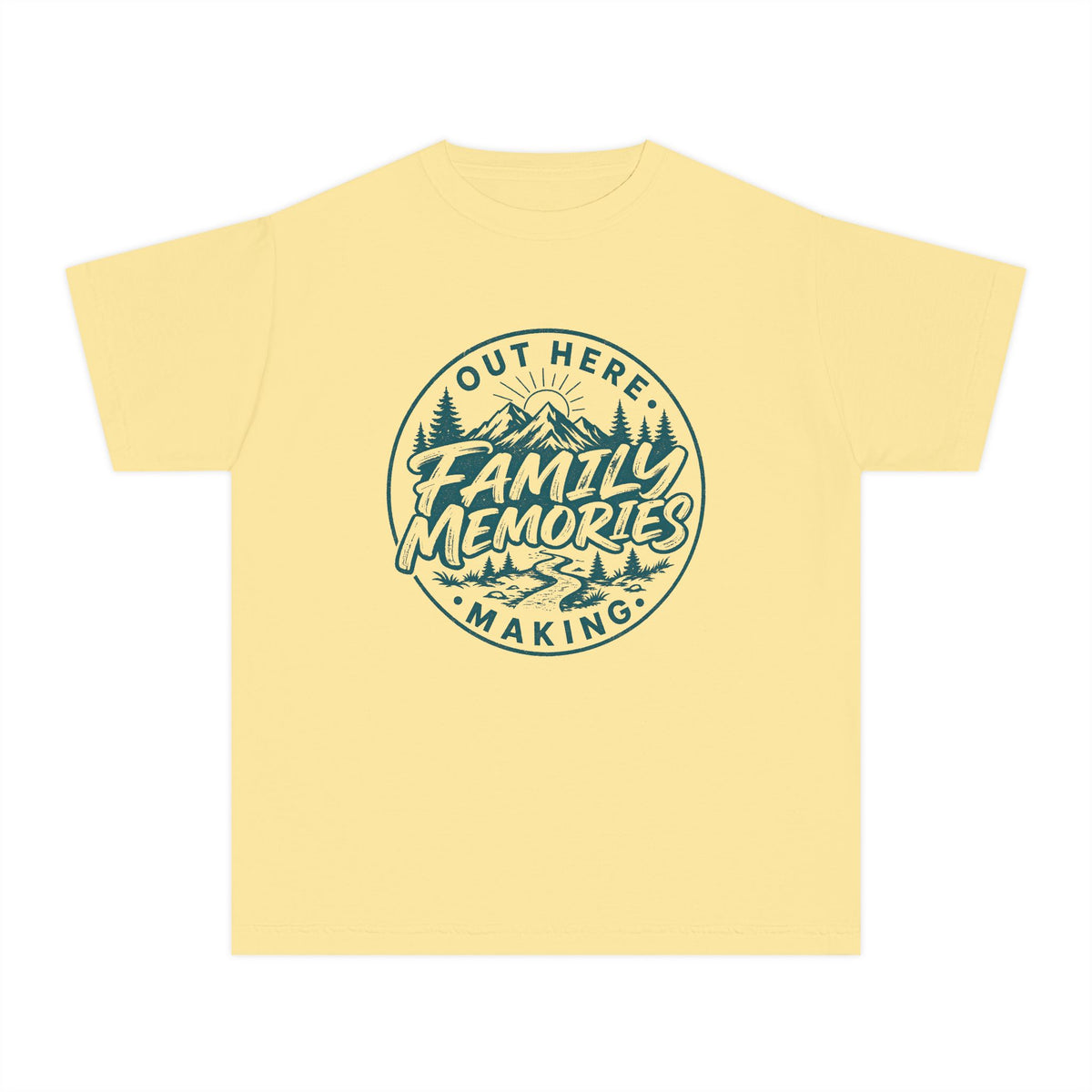 Out Here Making Family Memories Youth Tee – Kids' Comfort Colors Mountain Adventure Shirt in Butter – flat lay