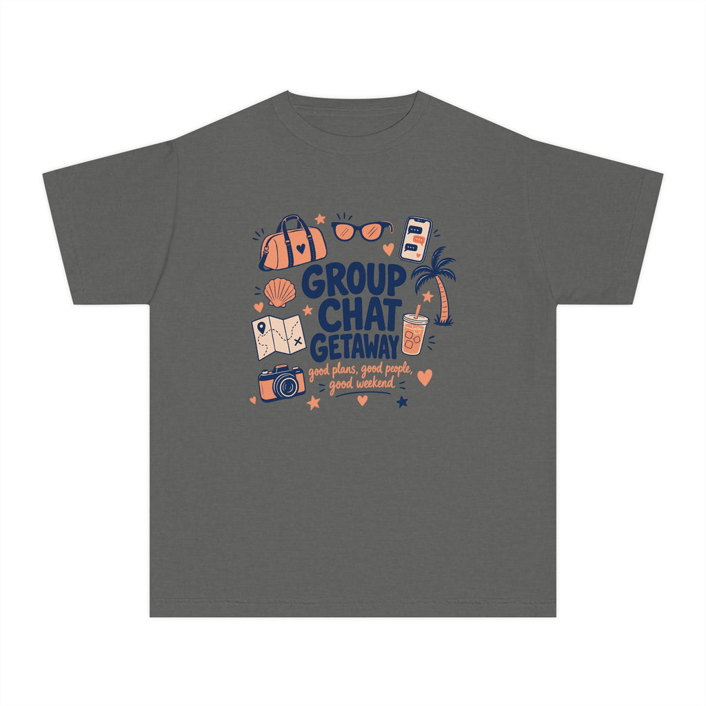 Group Chat Getaway Youth Tee – Kids' Comfort Colors Family Getaway Shirt in Pepper – flat lay