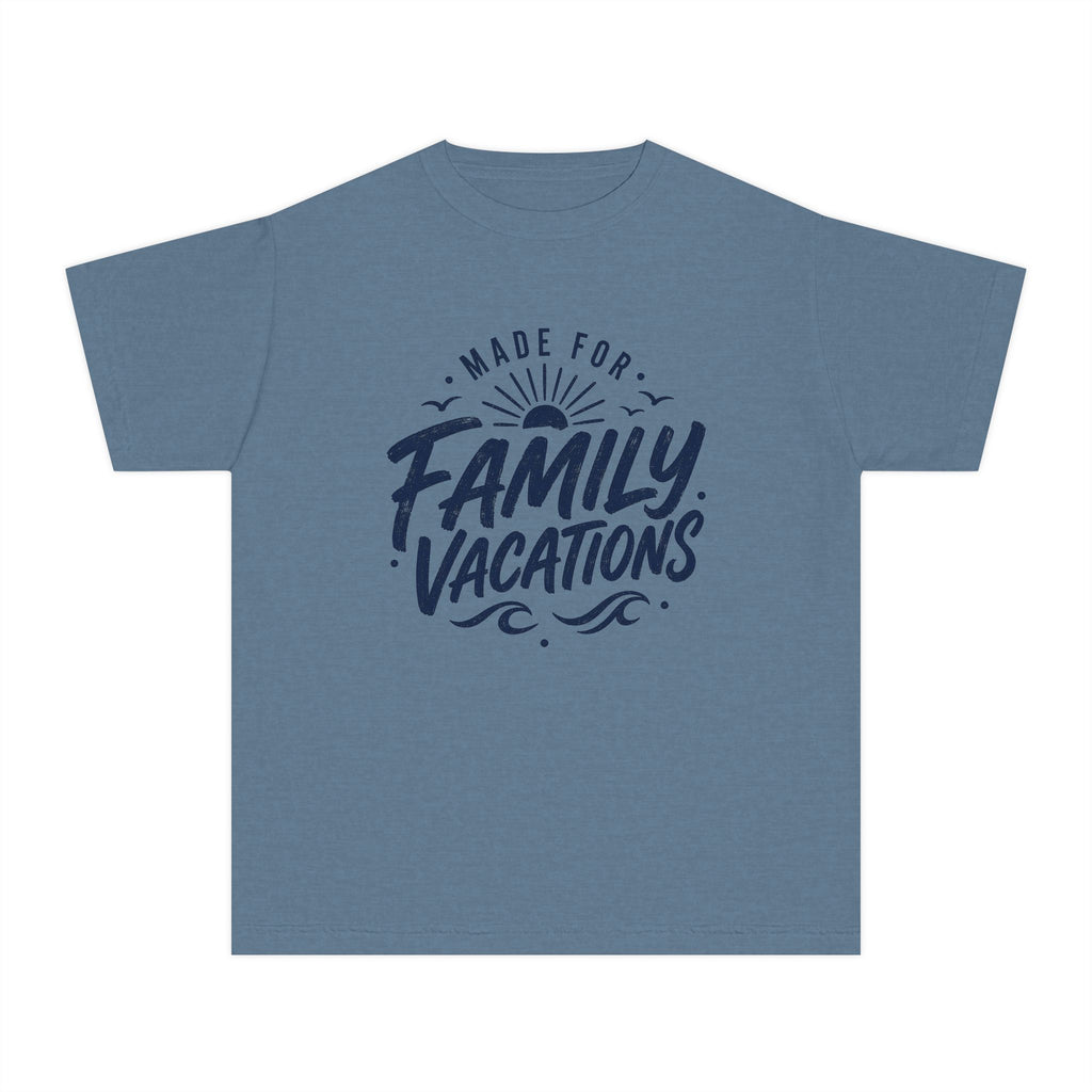 Made for Family Vacations Retro Travel Youth Tee – Kids' Comfort Colors Beach Vacation Shirt in Blue Jean – flat lay