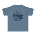 Made for Family Vacations Retro Travel Youth Tee – Kids' Comfort Colors Beach Vacation Shirt in Blue Jean – flat lay