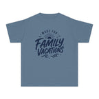 Made for Family Vacations Retro Travel Youth Tee – Kids' Comfort Colors Beach Vacation Shirt in Blue Jean – flat lay