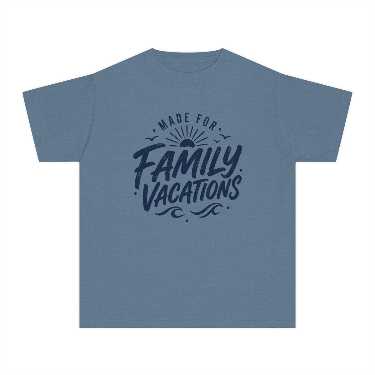 Made for Family Vacations Retro Travel Youth Tee – Kids' Comfort Colors Beach Vacation Shirt in Blue Jean – flat lay