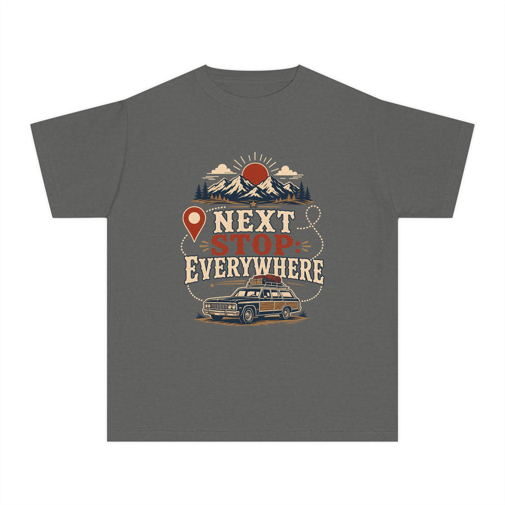 Next Stop Everywhere Youth Tee – Kids' Comfort Colors Road Trip Shirt in Pepper – flat lay