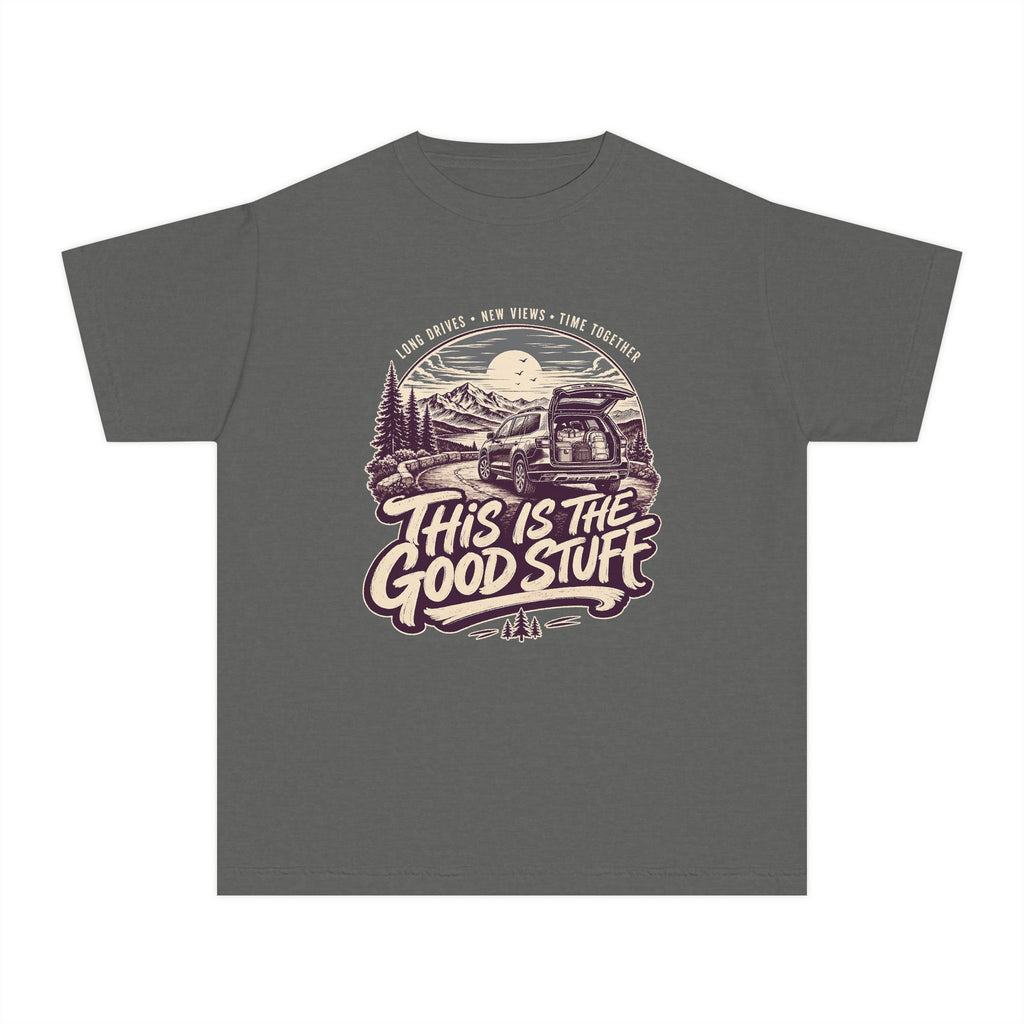 This Is the Good Stuff Youth Tee – Kids' Comfort Colors Road Trip Shirt in Pepper – flat lay