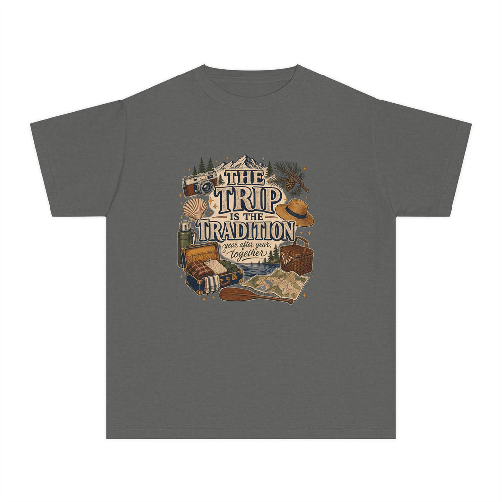 The Trip Is the Tradition Youth Tee – Kids' Comfort Colors Lake Vacation Shirt in Pepper – flat lay