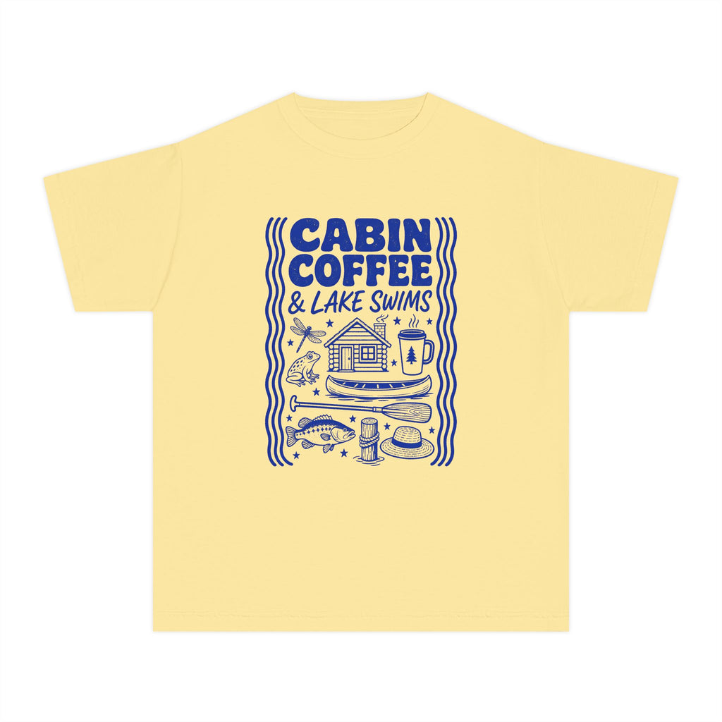 Cabin Coffee and Lake Swims Youth Tee – Kids' Comfort Colors Lake Vacation Shirt in Butter – flat lay