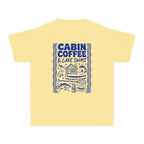 Cabin Coffee and Lake Swims Youth Tee – Kids' Comfort Colors Lake Vacation Shirt in Butter – flat lay