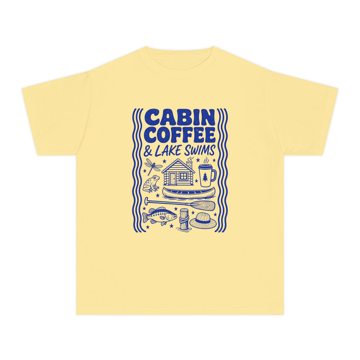 Cabin Coffee and Lake Swims Youth Tee – Kids' Comfort Colors Lake Vacation Shirt in Butter – flat lay