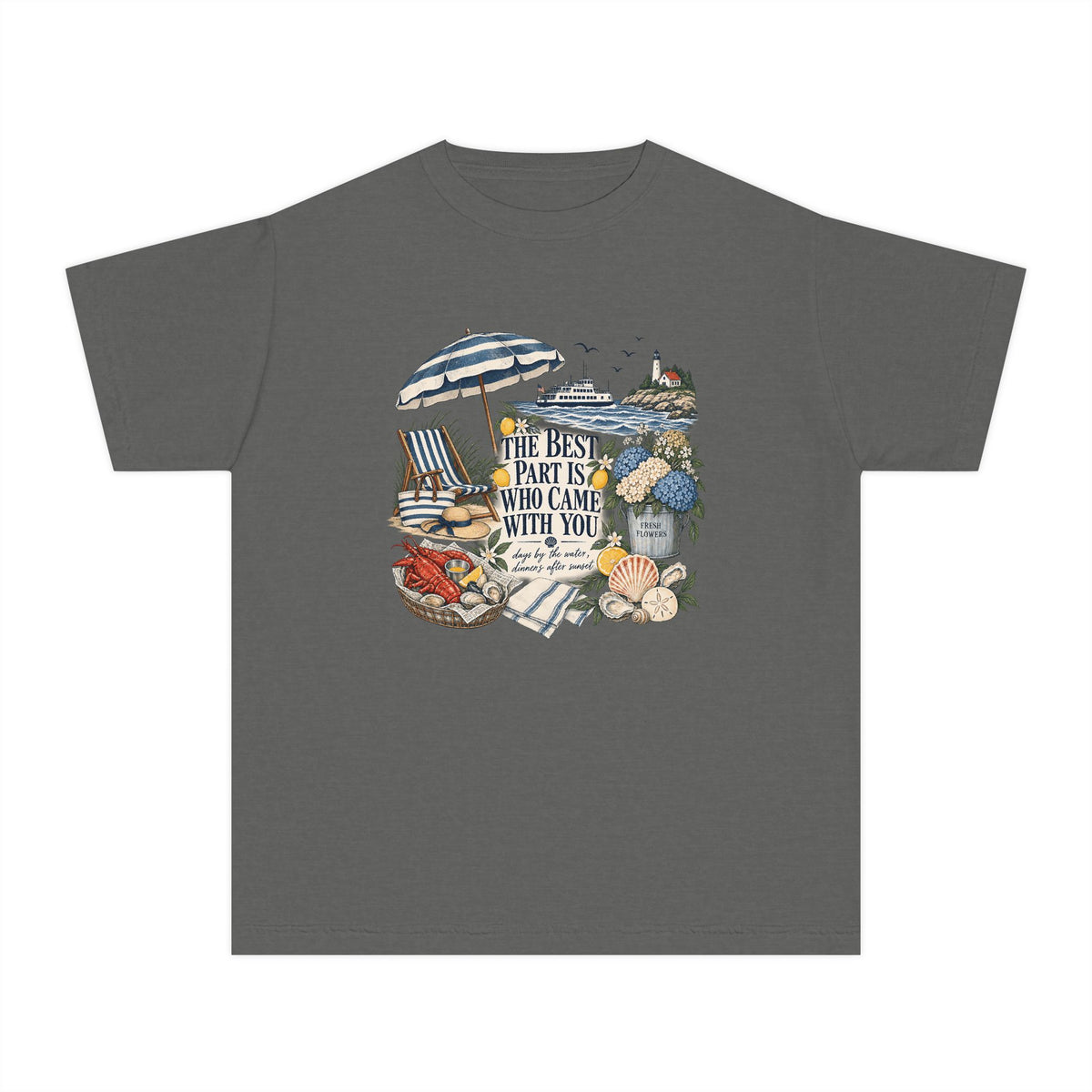 The Best Part Is Who Came with You Youth Tee – Kids' Comfort Colors Beach Vacation Shirt in Pepper – flat lay