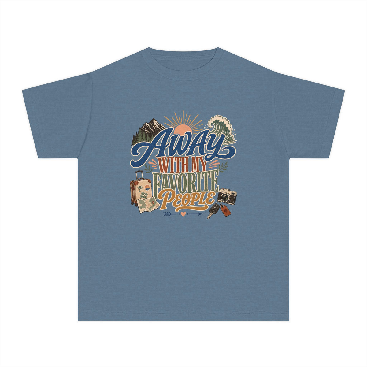 Away with My Favorite People Youth Tee – Kids' Comfort Colors Family Travel Shirt in Blue Jean – flat lay