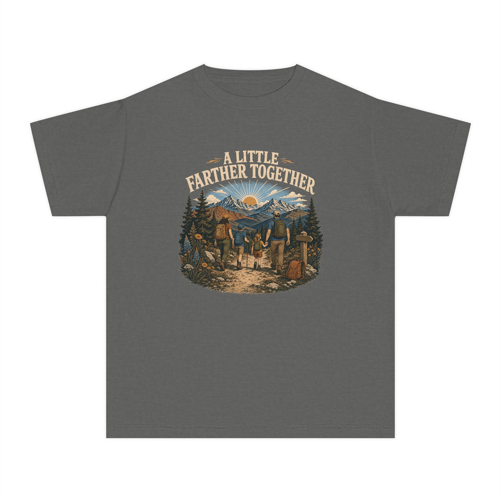 A Little Farther Together Youth Tee – Kids' Comfort Colors Hiking Family Shirt in Pepper – flat lay