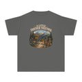 A Little Farther Together Youth Tee – Kids' Comfort Colors Hiking Family Shirt in Pepper – flat lay