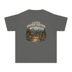 A Little Farther Together Youth Tee – Kids' Comfort Colors Hiking Family Shirt in Pepper – flat lay