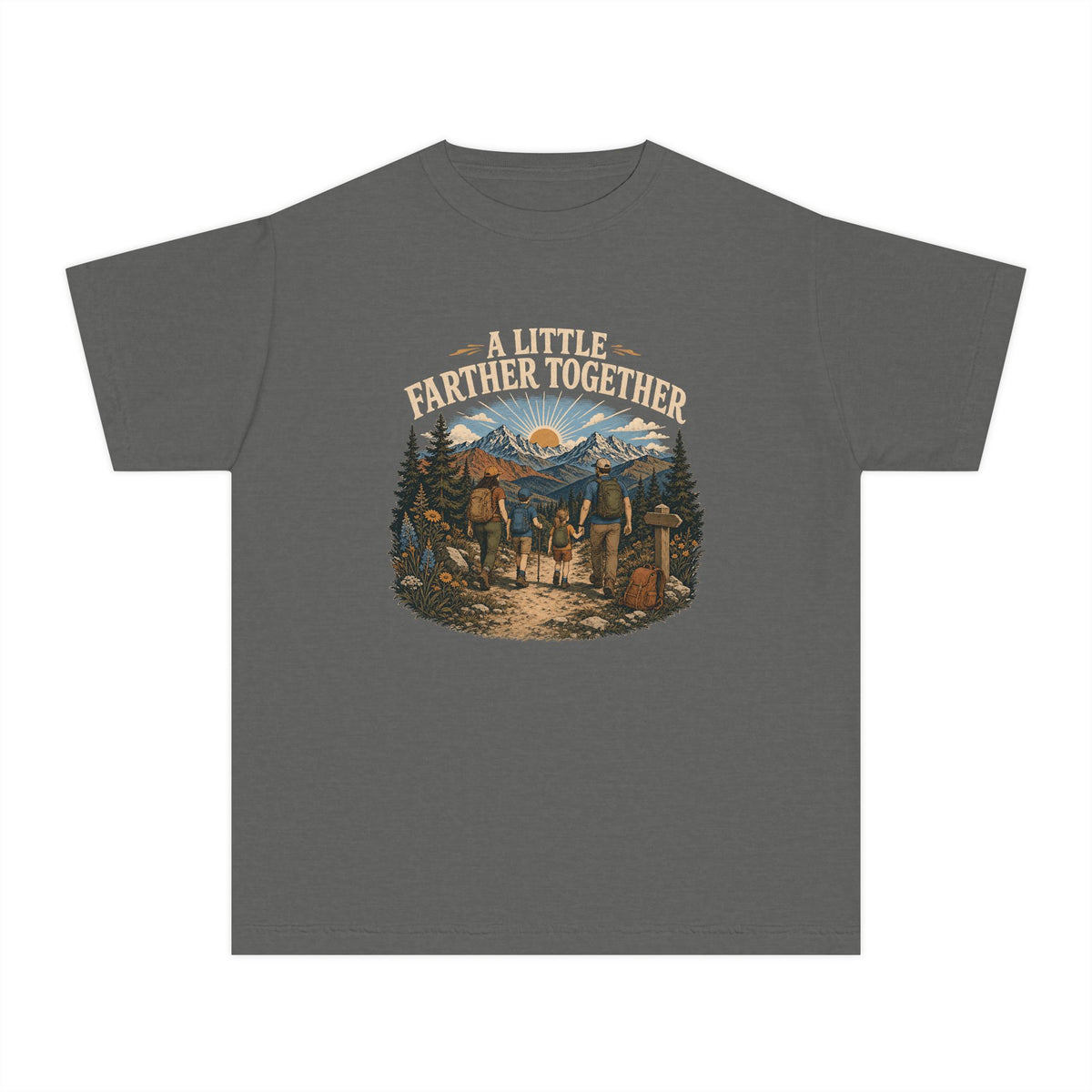 A Little Farther Together Youth Tee – Kids' Comfort Colors Hiking Family Shirt in Pepper – flat lay