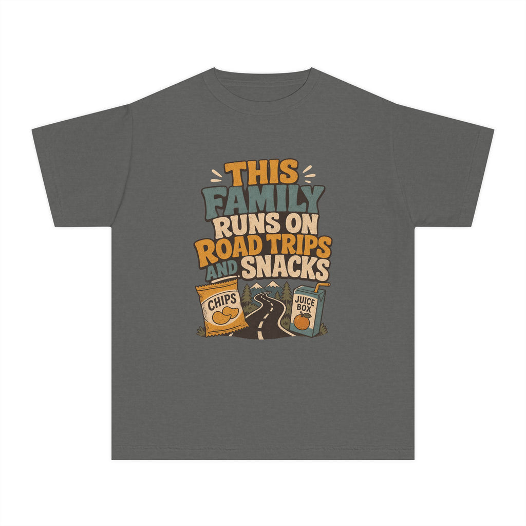 Road Trips and Snacks Youth Tee – Kids' Comfort Colors Family Travel Shirt in Pepper – flat lay