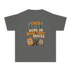 Road Trips and Snacks Youth Tee – Kids' Comfort Colors Family Travel Shirt in Pepper – flat lay