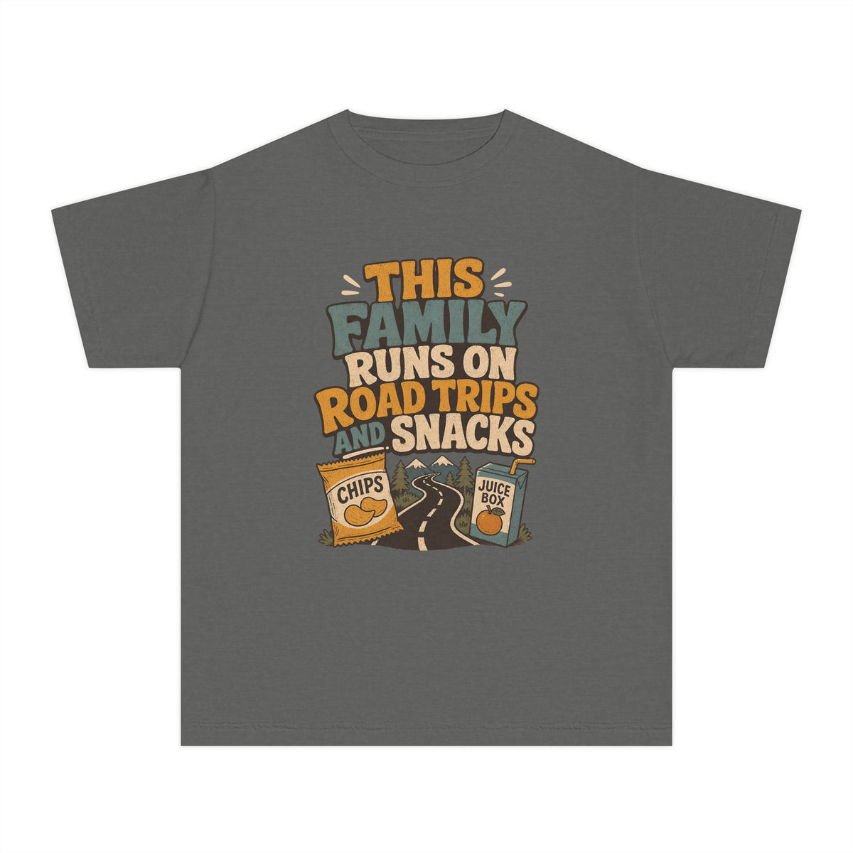 Road Trips and Snacks Youth Tee – Kids' Comfort Colors Family Travel Shirt in Pepper – flat lay