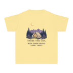Under This Sky With These People Youth Tee – Kids' Comfort Colors Camping Shirt in Butter – flat lay