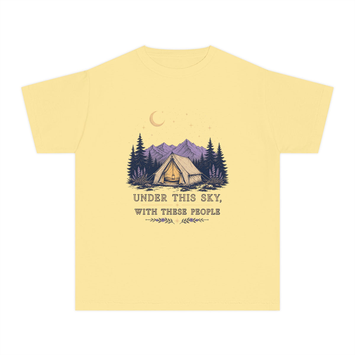 Under This Sky With These People Youth Tee – Kids' Comfort Colors Camping Shirt in Butter – flat lay