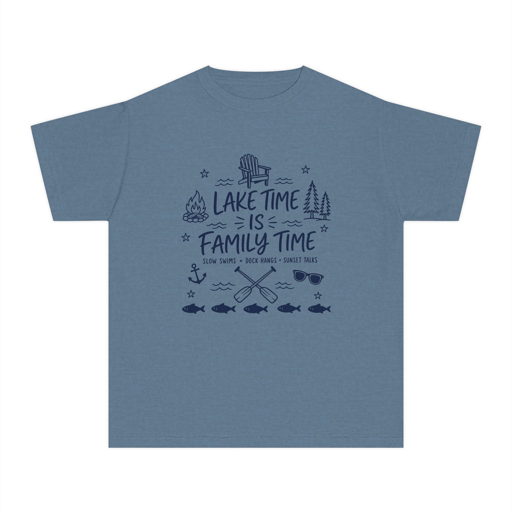 Lake Time Is Family Time Youth Tee – Kids' Comfort Colors Lake Vacation Shirt in Blue Jean – flat lay