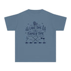 Lake Time Is Family Time Youth Tee – Kids' Comfort Colors Lake Vacation Shirt in Blue Jean – flat lay