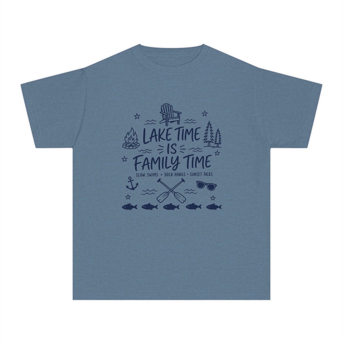 Lake Time Is Family Time Youth Tee – Kids' Comfort Colors Lake Vacation Shirt in Blue Jean – flat lay