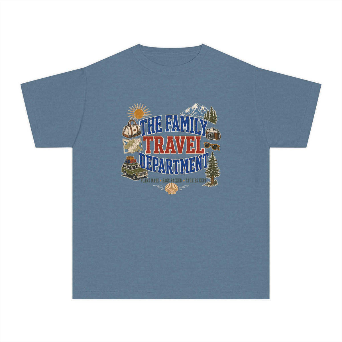 The Family Travel Department Youth Tee – Kids' Comfort Colors Road Trip Shirt in Blue Jean – flat lay