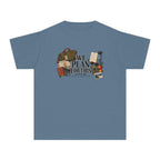 We Plan for This Youth Tee – Kids' Comfort Colors Family Getaway Shirt in Blue Jean – flat lay