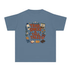 Trail Snacks and Tall Tales Youth Tee – Kids' Comfort Colors Mountain Adventure Shirt in Blue Jean – flat lay