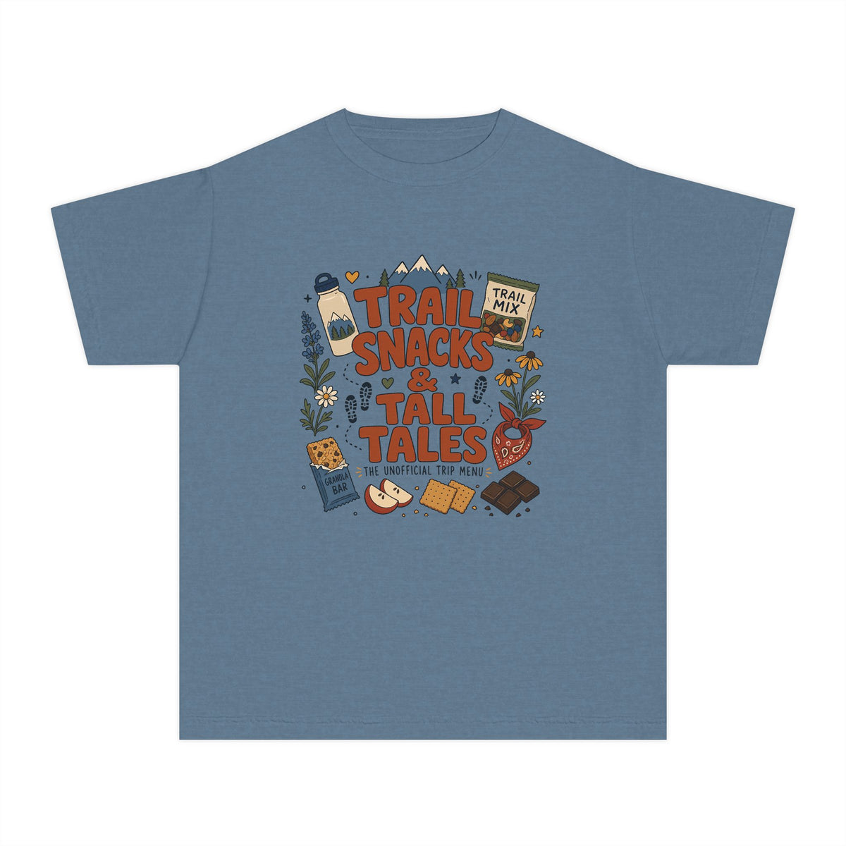 Trail Snacks and Tall Tales Youth Tee – Kids' Comfort Colors Mountain Adventure Shirt in Blue Jean – flat lay