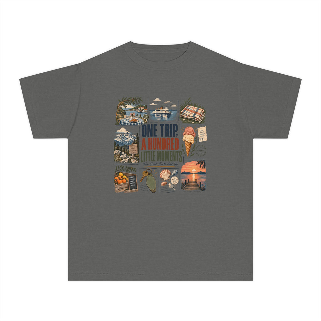 One Trip a Hundred Little Moments Youth Tee – Kids' Comfort Colors Family Travel Shirt in Pepper – flat lay