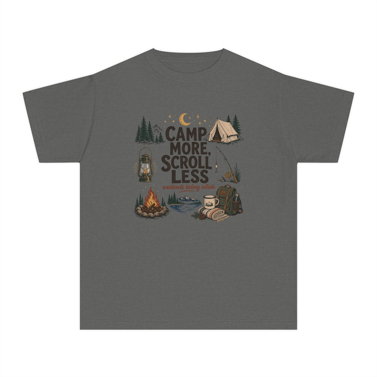 Camp More Scroll Less Youth Tee – Kids' Comfort Colors Camping Shirt in Pepper – flat lay