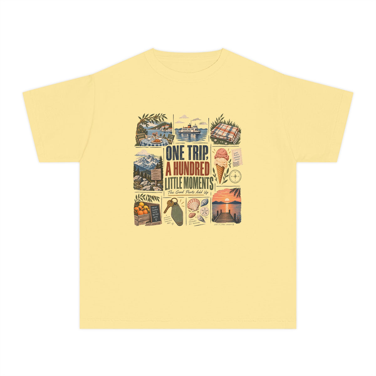 One Trip a Hundred Little Moments Youth Tee – Kids' Comfort Colors Family Travel Shirt in Butter – flat lay