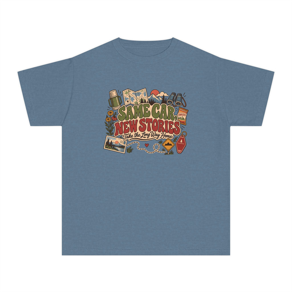 Same Car New Stories Youth Tee – Kids' Comfort Colors Road Trip Shirt in Blue Jean – flat lay