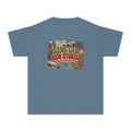 Same Car New Stories Youth Tee – Kids' Comfort Colors Road Trip Shirt in Blue Jean – flat lay