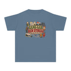 Same Car New Stories Youth Tee – Kids' Comfort Colors Road Trip Shirt in Blue Jean – flat lay