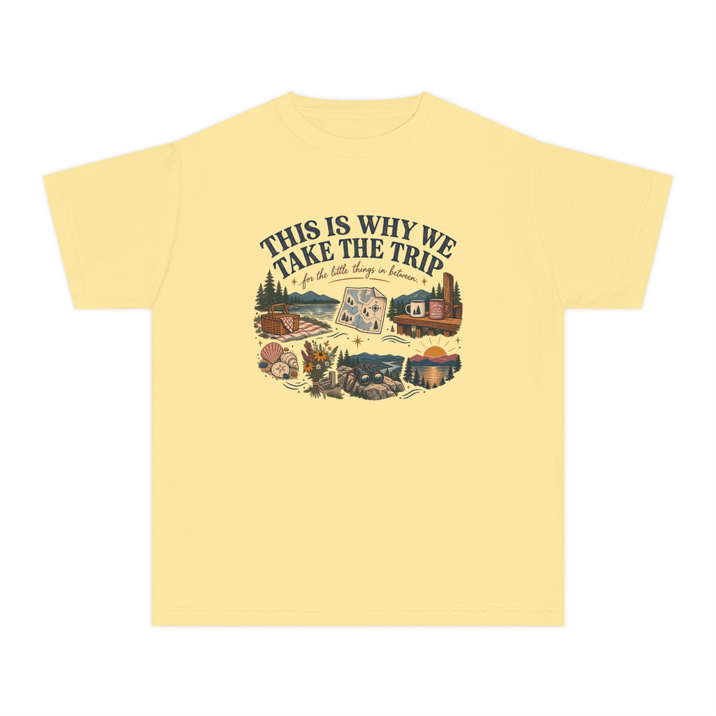 This Is Why We Take the Trip Youth Tee – Kids' Comfort Colors Lake Vacation Shirt in Butter – flat lay