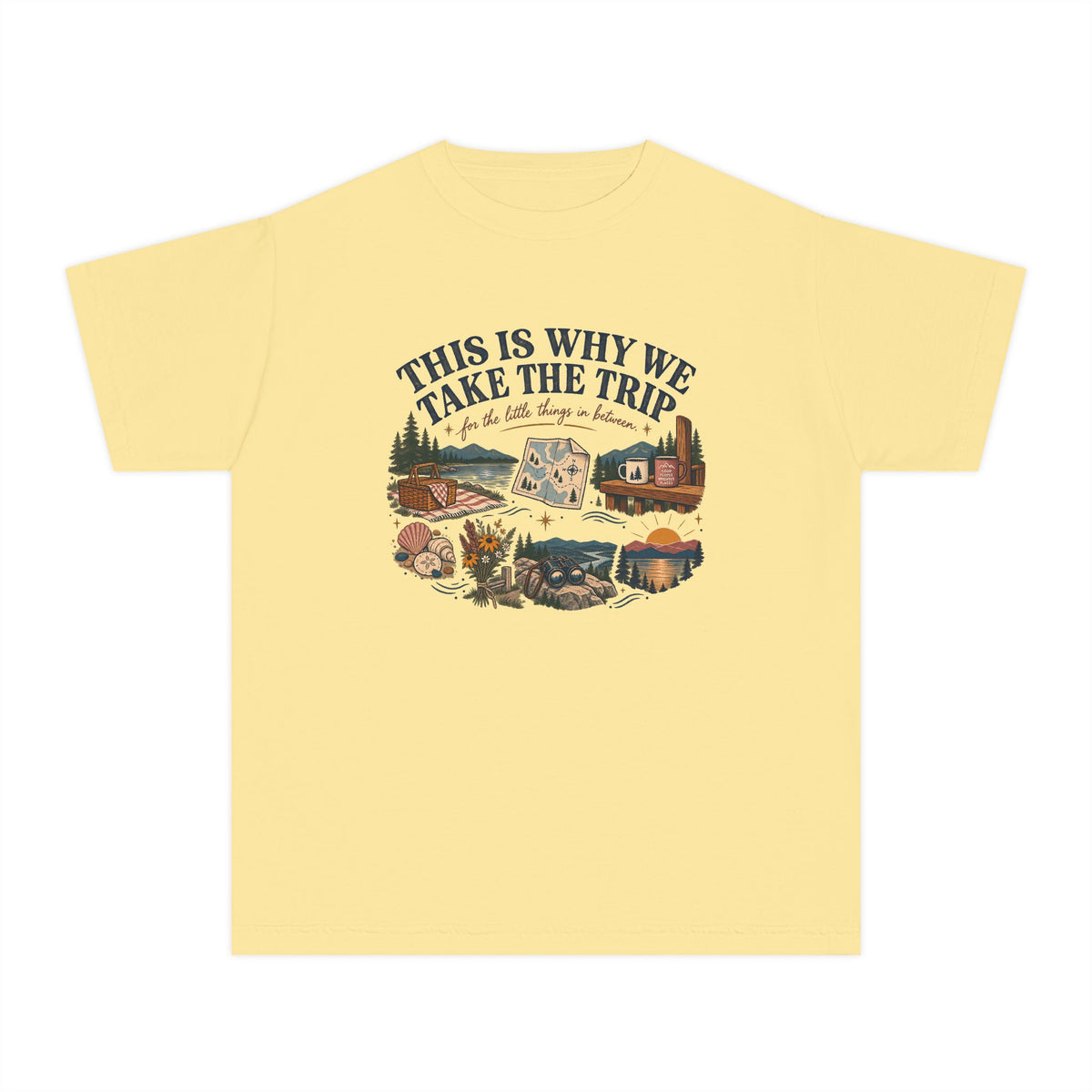This Is Why We Take the Trip Youth Tee – Kids' Comfort Colors Lake Vacation Shirt in Butter – flat lay