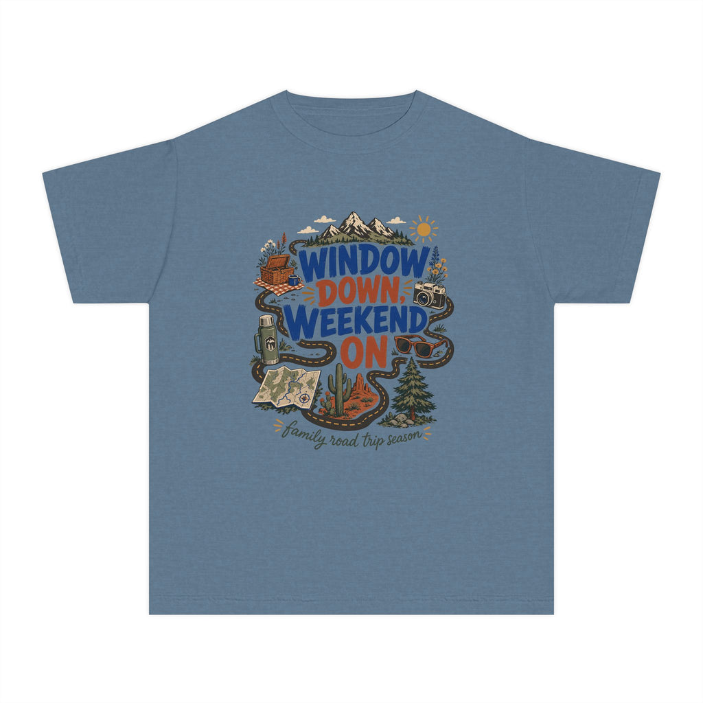 Window Down Weekend On Youth Tee – Kids' Comfort Colors Road Trip Shirt in Blue Jean – flat lay