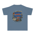 Window Down Weekend On Youth Tee – Kids' Comfort Colors Road Trip Shirt in Blue Jean – flat lay