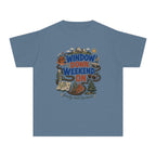 Window Down Weekend On Youth Tee – Kids' Comfort Colors Road Trip Shirt in Blue Jean – flat lay