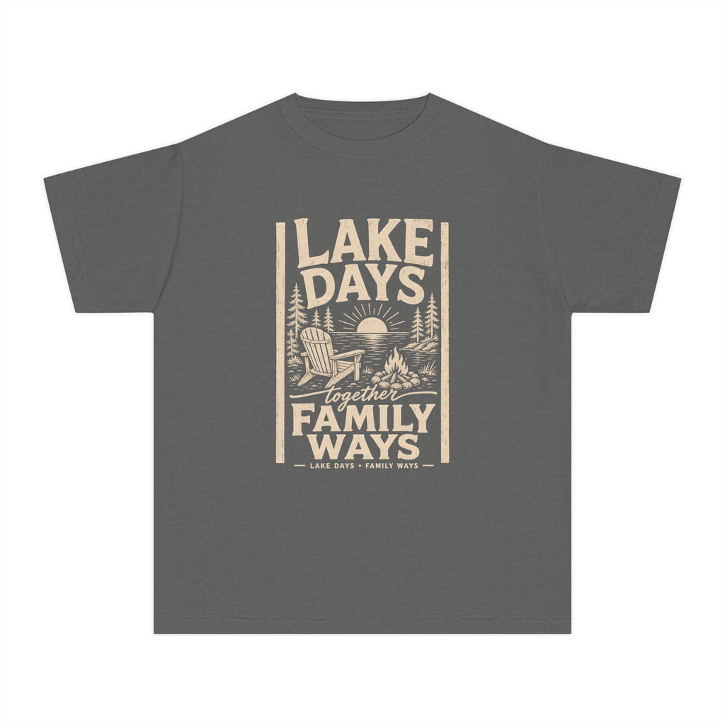 Lake Days Family Ways Vacation Youth Tee – Kids' Comfort Colors Lake Vacation Shirt in Pepper – flat lay