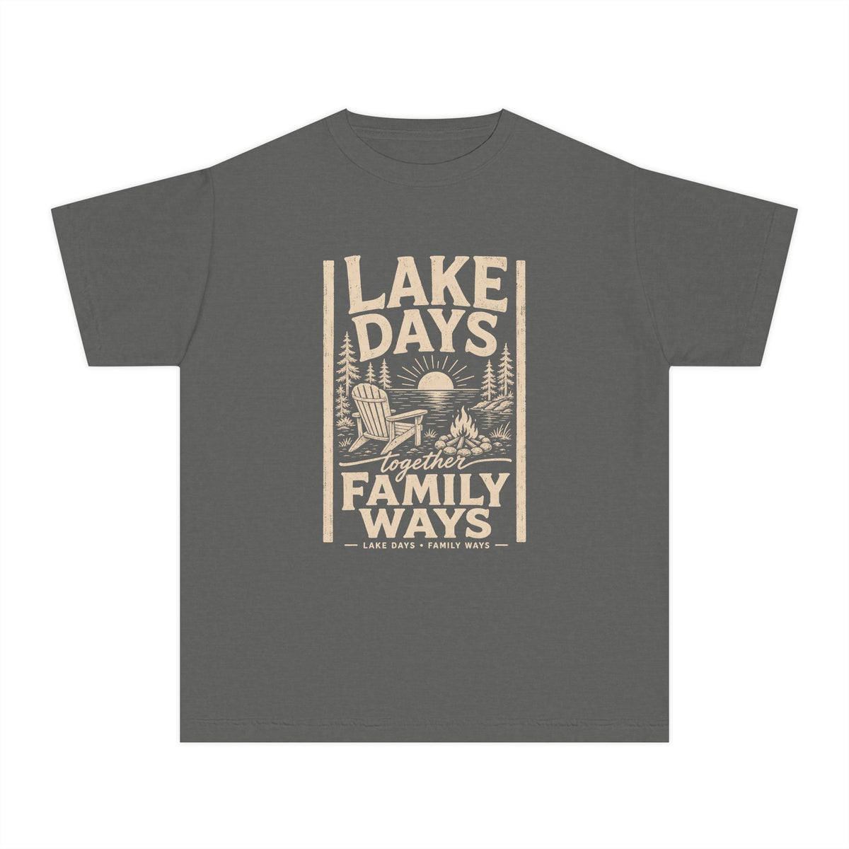 Lake Days Family Ways Vacation Youth Tee – Kids' Comfort Colors Lake Vacation Shirt in Pepper – flat lay