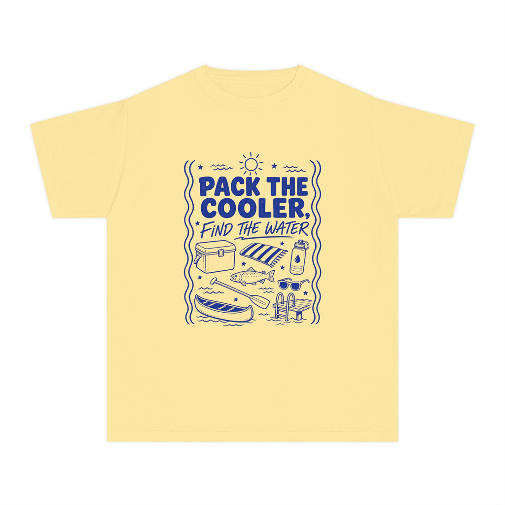 Pack the Cooler Find the Water Youth Tee – Kids' Comfort Colors Beach Vacation Shirt in Butter – flat lay