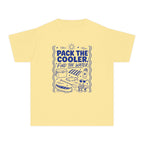 Pack the Cooler Find the Water Youth Tee – Kids' Comfort Colors Beach Vacation Shirt in Butter – flat lay